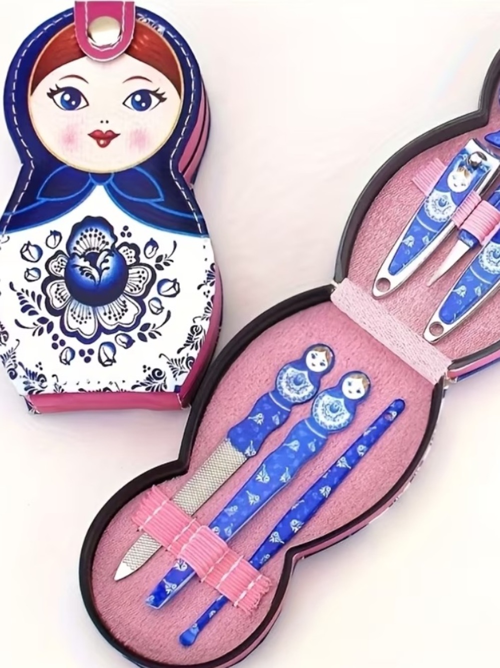 Russian Doll Manicure Set Matryoshka Nail Kit Travel Case Red Blue Pink Purple🪆 - Picture 5 of 8